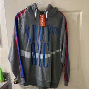 Superdry Charcoal Hoodie with Blue and Red Stripes
